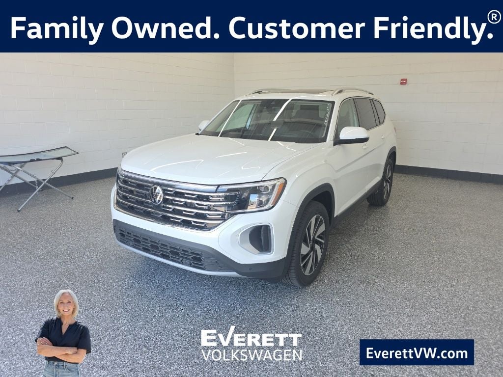 2026 Volkswagen Atlas 2.0T SEL in Opal White Pearl — front three-quarter view