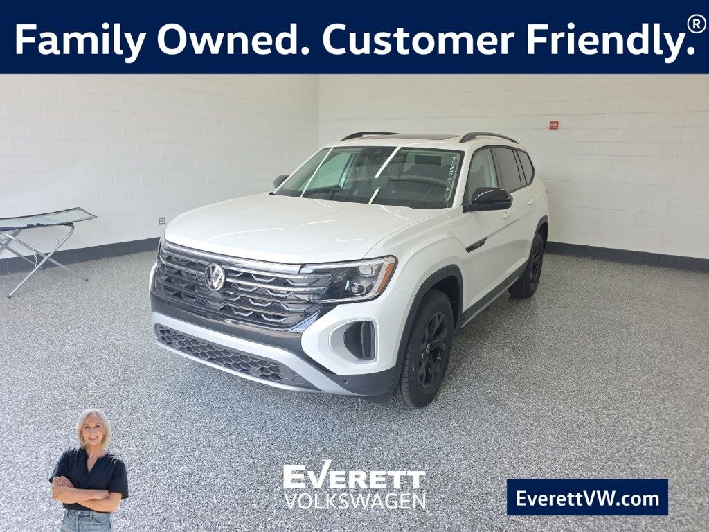 2026 Volkswagen Atlas 2.0T Peak Edition in Opal White Pearl — front three-quarter view