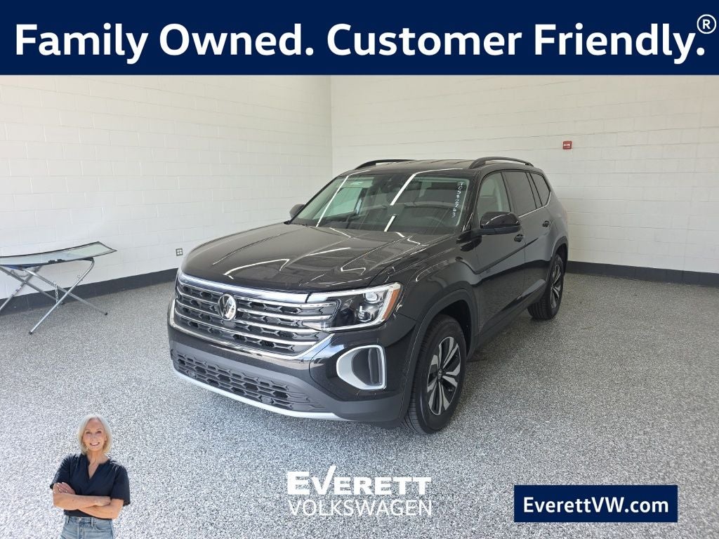 2026 Volkswagen Atlas 2.0T SE in Deep Black Pearl — front three-quarter view